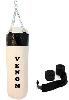 

Venom 1.5 Feet Long, CANVAS Material, White and Black Color, Unfilled with Hanging Chain and 9 Freet Long Black Color Hand Wrap Pair Boxing Kit