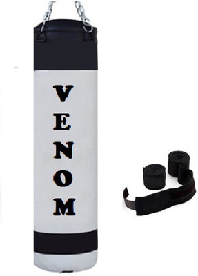 

Venom 8.0 Feet Long, PU, White and Black Color, Unfilled with Hanging Chain and 9 Freet Long Black Color Hand Wrap Pair Boxing Kit