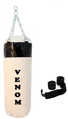 

Venom 7.0 Feet Long, CANVAS Material, White and Black Color, Unfilled with Hanging Chain and 9 Freet Long Black Color Hand Wrap Pair Boxing Kit