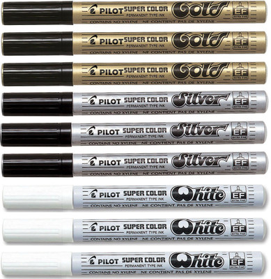 

Pilot Extra Fine Permanent Marker (White/Silver/Gold -Pack Of 9)(Set of 9, Multicolor)
