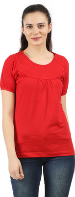 CHECKERSBAY Solid Women Round Neck Red T-Shirt