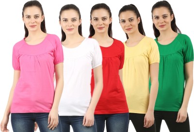 CHECKERSBAY Self Design Women Round Neck Red, White, Green, Pink, Yellow T-Shirt