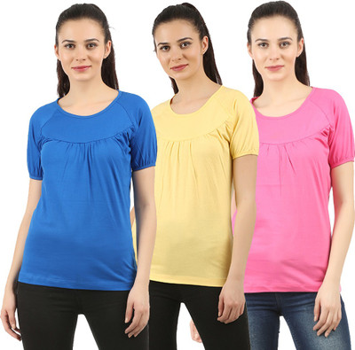 CHECKERSBAY Solid Women Round Neck Multicolor T-Shirt