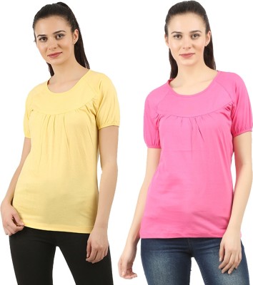 CHECKERSBAY Self Design Women Round Neck Pink, Yellow T-Shirt