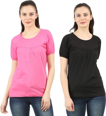 CHECKERSBAY Solid Women Round Neck Pink T-Shirt