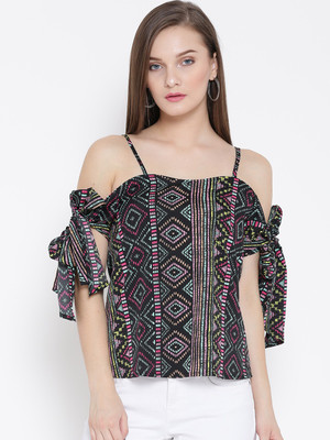 Veni Vidi Vici Casual Short Sleeve, Cap Sleeve, Shoulder Strap, Noodle strap Geometric Print, Chevron, Graphic Print, Printed, Self Design, Stylised, Woven Women