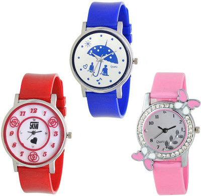 

Skmi Stylish Red Pink And Blue Unique Designer Combo For Women And Girls Watch - For Girls