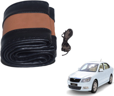 MOCKHE Hand Stiched Steering Cover For Skoda Laura(Black, Tan, Leatherite)