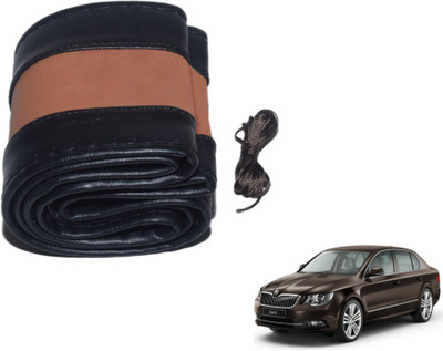 MOCKHE Hand Stiched Steering Cover For Skoda Superb(Black, Tan, Leatherite)