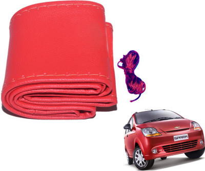 MOCKHE Hand Stiched Steering Cover For Chevrolet Spark(Red, Leatherite)
