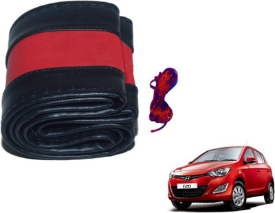 MOCKHE Hand Stiched Steering Cover For Hyundai i20(Black, Red, Leatherite)