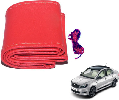 MOCKHE Hand Stiched Steering Cover For Skoda Rapid(Red, Leatherite)