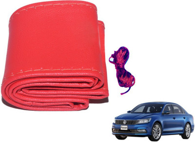 MOCKHE Hand Stiched Steering Cover For Volkswagen Passat(Red, Leatherite)