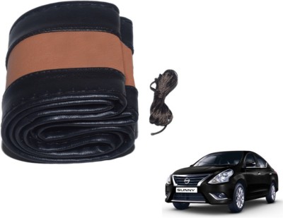 MOCKHE Hand Stiched Steering Cover For Nissan Sunny(Black, Tan, Leatherite)