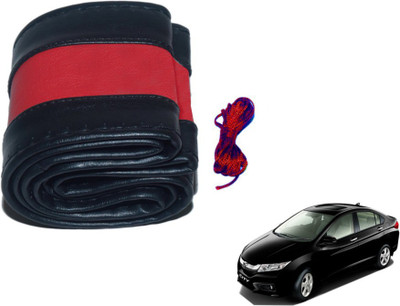 MOCKHE Hand Stiched Steering Cover For Honda City(Black, Red, Leatherite)