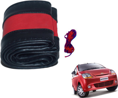 MOCKHE Hand Stiched Steering Cover For Chevrolet Spark(Black, Red, Leatherite)