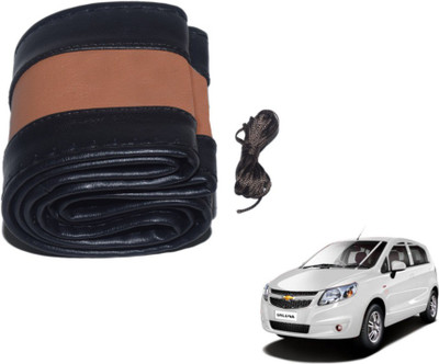 MOCKHE Hand Stiched Steering Cover For Chevrolet Sail UVA(Black, Tan, Leatherite)