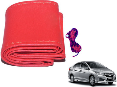 MOCKHE Hand Stiched Steering Cover For Honda New City(Red, Leatherite)