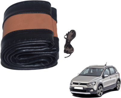 MOCKHE Hand Stiched Steering Cover For Volkswagen Polo Cross(Black, Tan, Leatherite)