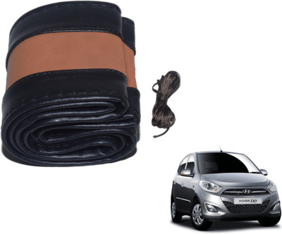 MOCKHE Hand Stiched Steering Cover For Hyundai i10(Black, Tan, Leatherite)