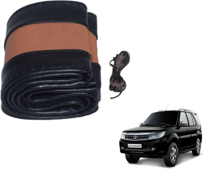 MOCKHE Hand Stiched Steering Cover For Tata Safari Storme(Black, Tan, Leatherite)