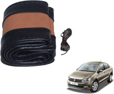 MOCKHE Hand Stiched Steering Cover For Volkswagen Vento(Black, Tan, Leatherite)