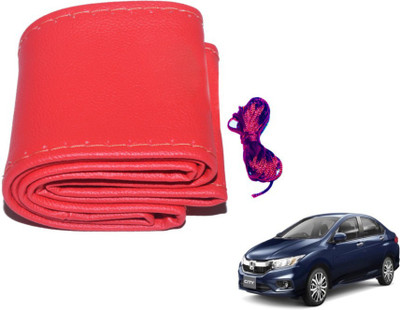 MOCKHE Hand Stiched Steering Cover For Honda New City(Red, Leatherite)