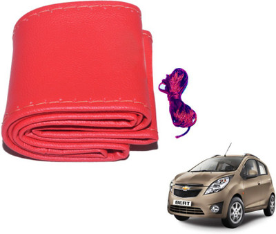 MOCKHE Hand Stiched Steering Cover For Chevrolet Beat(Red, Leatherite)