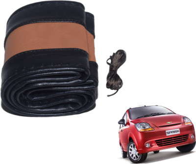 MOCKHE Hand Stiched Steering Cover For Chevrolet Spark(Black, Tan, Leatherite)
