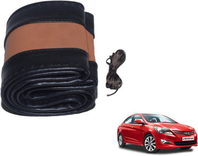 MOCKHE Hand Stiched Steering Cover For Hyundai Verna(Black, Tan, Leatherite)