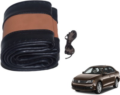 MOCKHE Hand Stiched Steering Cover For Volkswagen Jetta(Black, Tan, Leatherite)