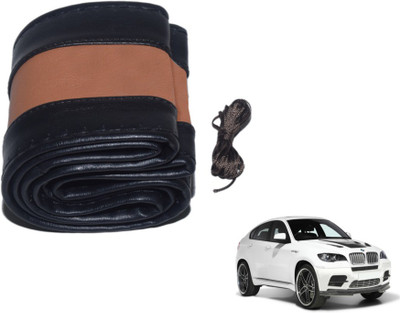 MOCKHE Hand Stiched Steering Cover For BMW X6(Black, Tan, Leatherite)