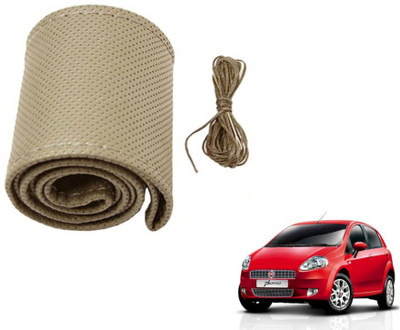 MOCKHE Hand Stiched Steering Cover For Fiat Punto(Beige, Leatherite)