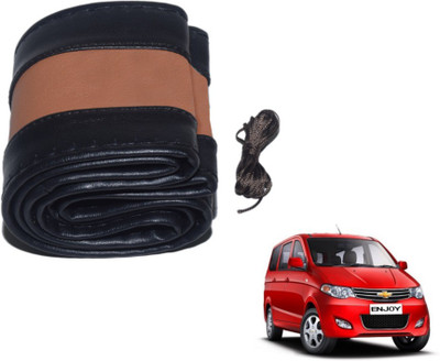 MOCKHE Hand Stiched Steering Cover For Chevrolet Enjoy(Black, Tan, Leatherite)