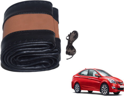 MOCKHE Hand Stiched Steering Cover For Hyundai Verna Fluidic(Black, Tan, Leatherite)