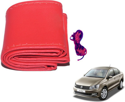 MOCKHE Hand Stiched Steering Cover For Volkswagen Vento(Red, Leatherite)