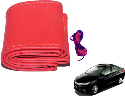 MOCKHE Hand Stiched Steering Cover For Honda City(Red, Leatherite)