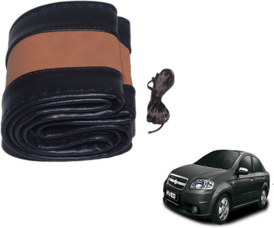 MOCKHE Hand Stiched Steering Cover For Chevrolet Aveo(Black, Tan, Leatherite)