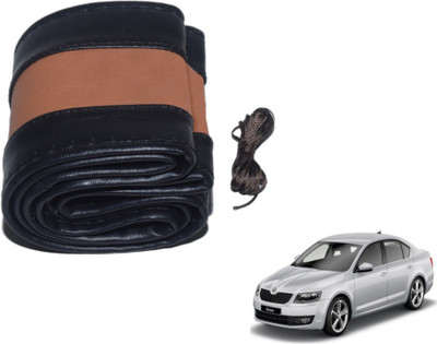 MOCKHE Hand Stiched Steering Cover For Skoda Octavia(Black, Tan, Leatherite)