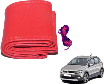 MOCKHE Hand Stiched Steering Cover For Volkswagen Polo Cross(Red, Leatherite)