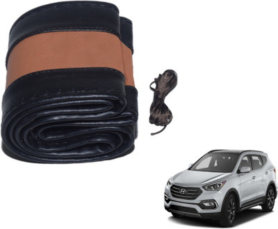 MOCKHE Hand Stiched Steering Cover For Hyundai SantaFe(Black, Tan, Leatherite)