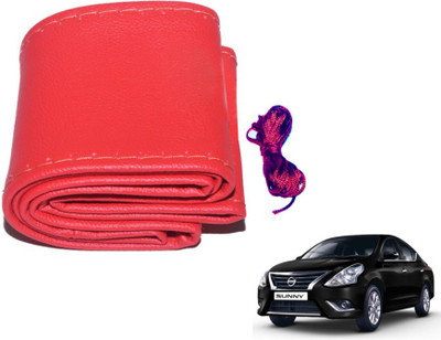 MOCKHE Hand Stiched Steering Cover For Nissan Sunny(Red, Leatherite)