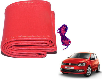 MOCKHE Hand Stiched Steering Cover For Volkswagen Polo GT(Red, Leatherite)