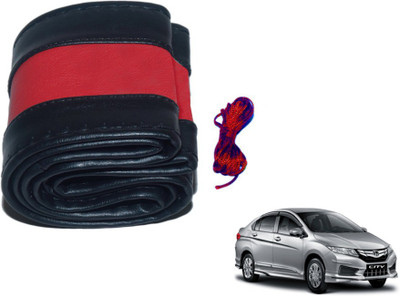 MOCKHE Hand Stiched Steering Cover For Honda New City(Black, Red, Leatherite)
