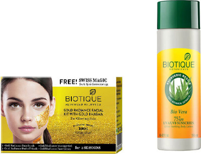 

BIOTIQUE BIO Gold Radiance Facial Kit, Bio Vera 75+ Spf Sunscreen Ultra Soothing Body Lotion(Set of 2)