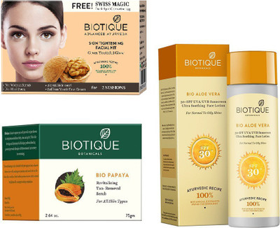 

BIOTIQUE BIO Skin Tightening Facial Kit, Bio Papaya Revitalizing Tan Removal Scrub, Bio Aloe Vera Ultra Soothing Face Lotion SPF 30 UVA/UVB Sunscreen(Set of 3)
