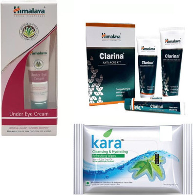 

Himalaya under eye cream,clarina anti acne kit, kara skin care wipes(Set of 5)