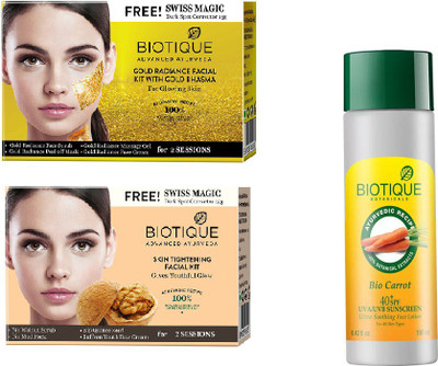 

BIOTIQUE BIO Gold Radiance Facial Kit, Skin Tightening Facial Kit, Bio Carrot 40+Spc Sunscreen Ultra Soothing Face Lotion(Set of 3)