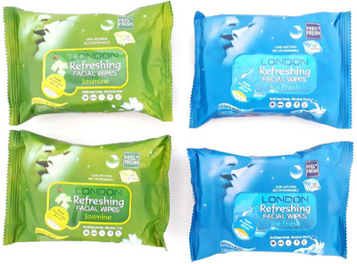 

LONDON Refreshing FACIAL WIPES 100% NATURAL, HYGENIC & REFRESHING PACK OF 4 [ 2 JASMINE + 2 ICE FRESH ] 25 WET WIPES PER PACK(Pack of 25)