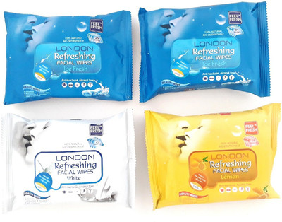

LONDON Refreshing FACIAL WIPES 100% NATURAL, HYGENIC & REFRESHING PACK OF 4 [ 2 ICE FRESH + 1 LEMON + 1 WHITE ] 25 WET WIPES PER PACK(Pack of 25)
